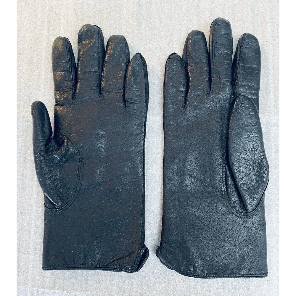 Vintage Italian Black Leather Gloves Rabbit Fur Lined Size 7.5 Made in Italy